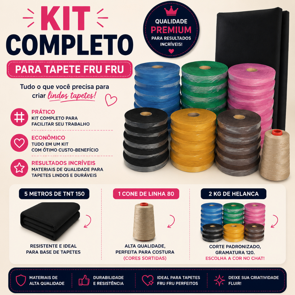 KIT COMPLETO PARA TAPETE FRU FRU – TNT+ LINHA 80 + 2KG DE HELANCA ✂️🎨