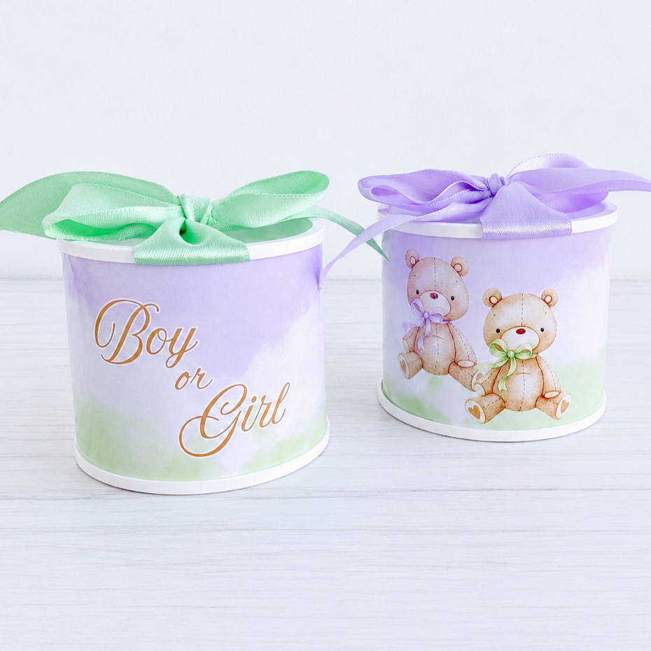 Kit Tubolata 5x6cm CHÁ REVELAÇÃO URSO LILÁS E VERDE Personalizada -  Chá de Bebê/Chá Revelação