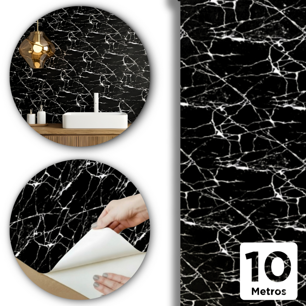 Imagem Papel De Parede Mármore Preto 10m x 45cm Adesivo Lavável Autocolante Decorativo Para Ambientes Sofisticados