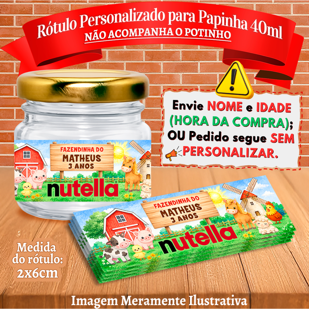 Rótulos adesivos Animais da Fazendinha Nutella Personalizados para papinha 40ml 40g