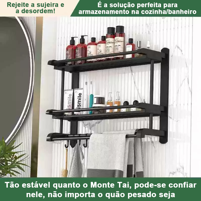 Prateleira Organizadora de Banheiro 3 Níveis Aço Inoxidável Sem Furos com Barra de Toalhas