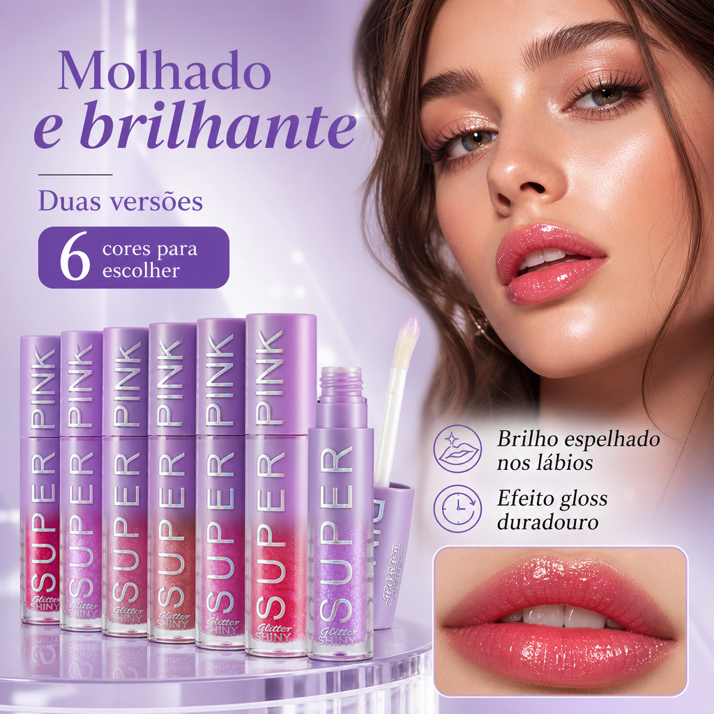 B.TWO.B Super Pink Brilho Labial Molhado e Brilhante, 6 Cores e Brilho Espelhado