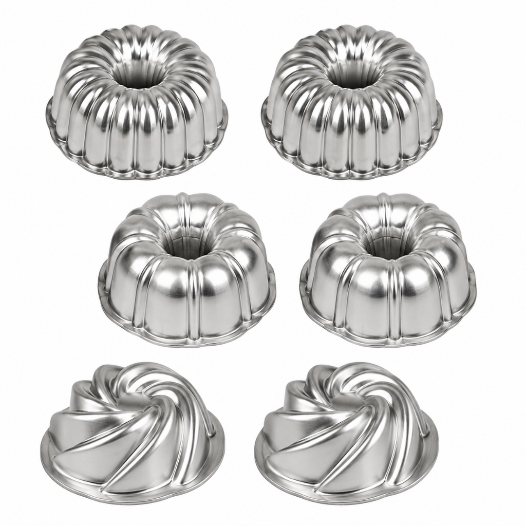Kit 6 Peças Mini Formas Bolo Vulcão Pudim Torta Suíça Decorada (Mini Novelinha, Mini Suiça 1, Mini Onduladinha)