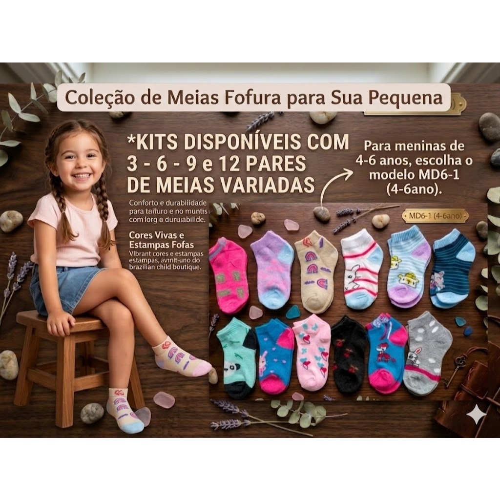 Meias Infantis Menina Cano Curto Estampas Sortidas 2 a 10 Anos