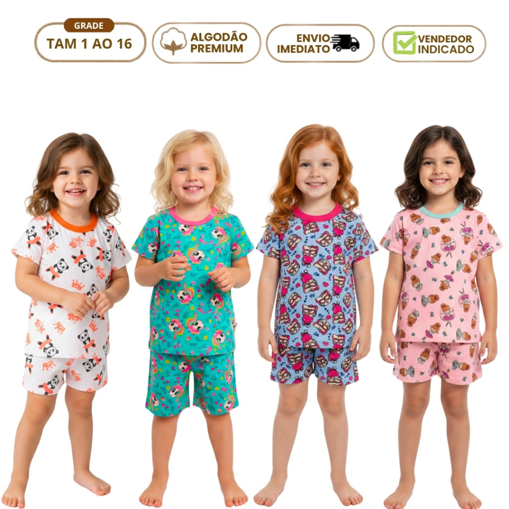 Kit 4 Peças Pijamas Infantis Feminino Verão Roupa de Dormir Infantil Menina Calor Algodão 1 a 16 anos 2 Camiseta 2 Bermu