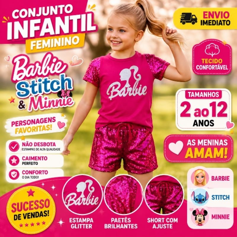Conjunto Infantil Feminino Barbie Stitch Minnie Verão Menina Roupa Infantil 2 ao 12