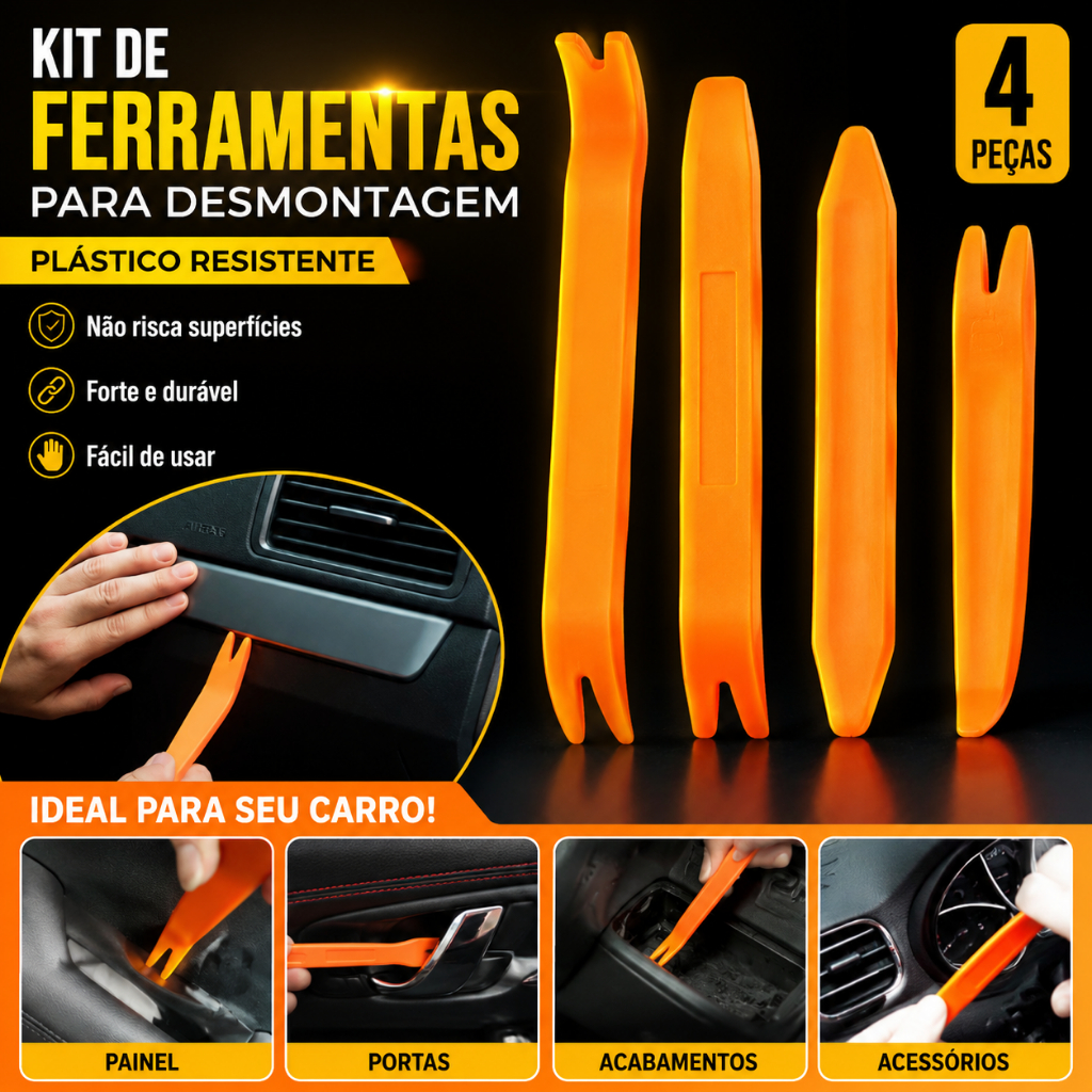 Kit Com 4 Espátulas Plásticas Remoção Painel Forro Porta Carro Molduras Frisos Acabamento Veicular lulu