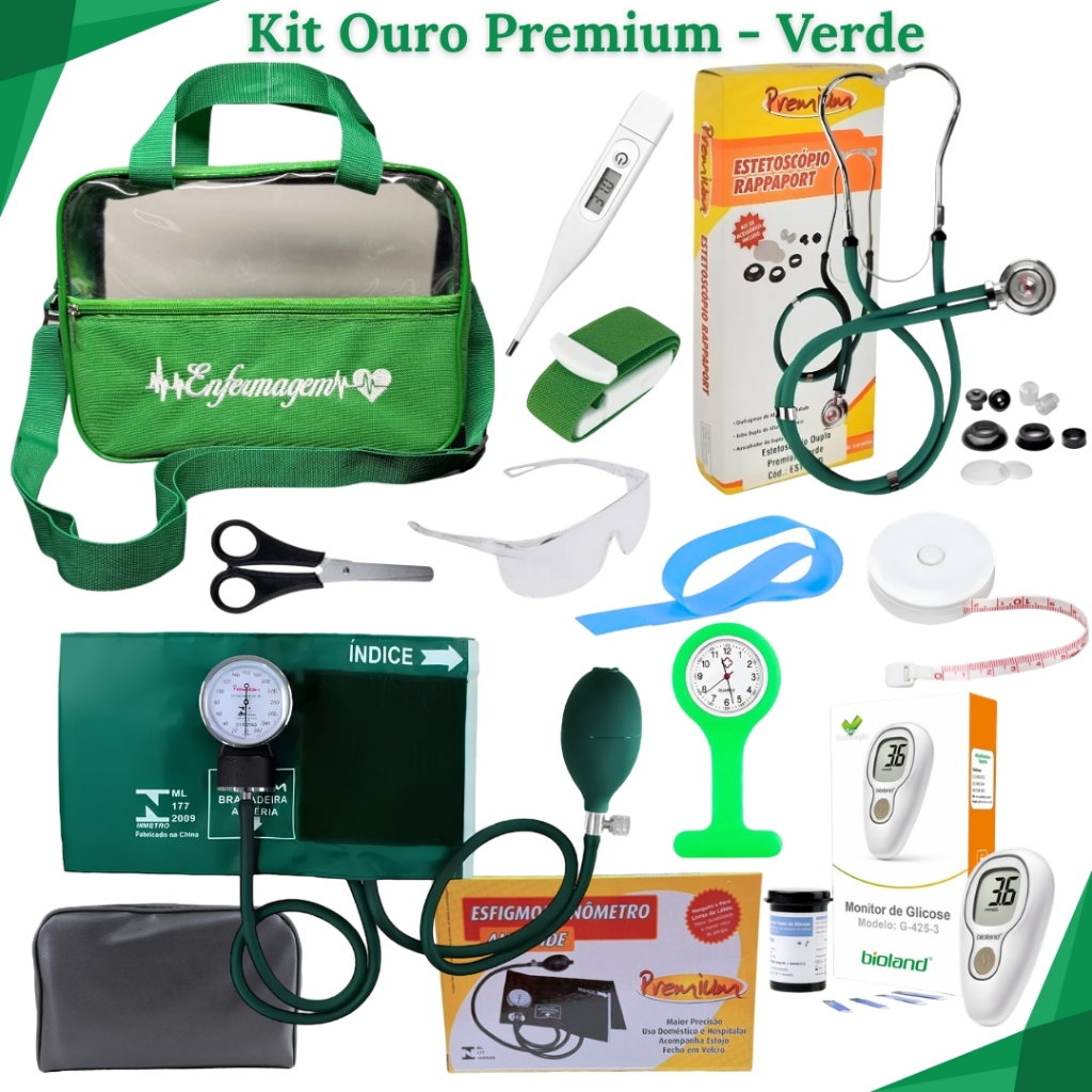 Kit Enfermagem Completo para Estágio e Aulas Práticas com Glicosímetro, Relógio de Lapela e Garrote de Trava - Ouro.