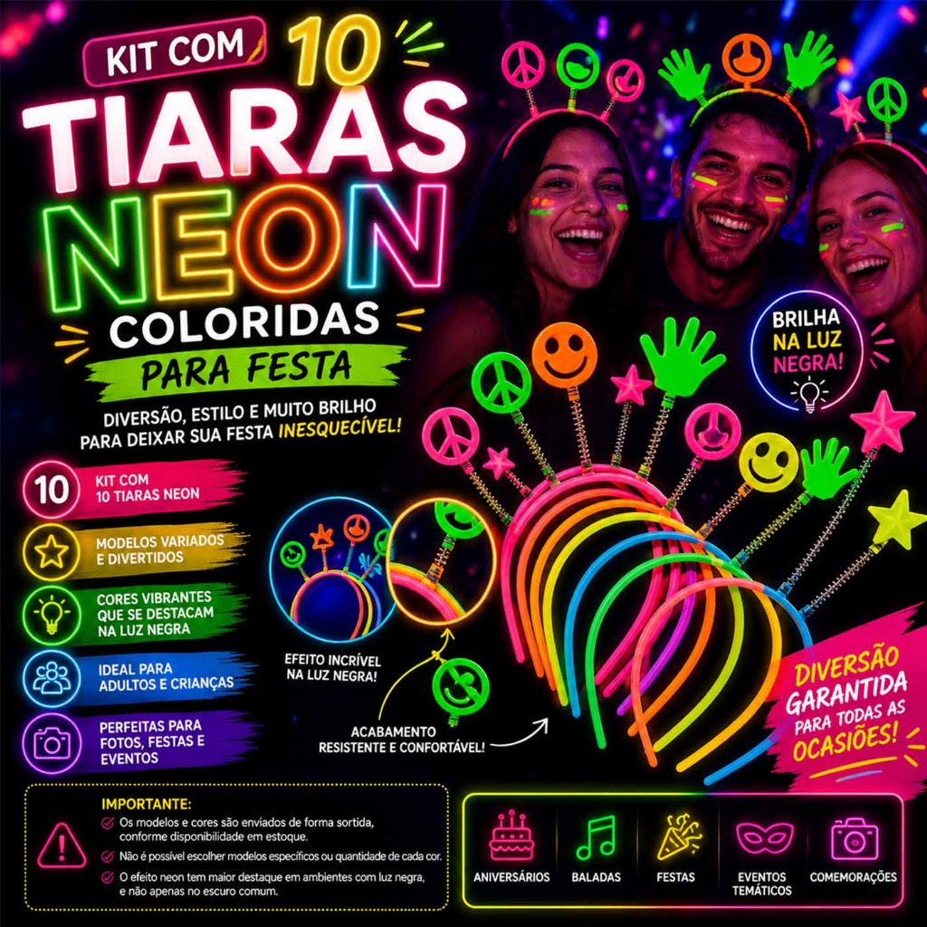 Kit 10 Tiaras Neon Coloridas Símbolos Sortidos Festa Balada Aniversário Casamento Artigos de Festa