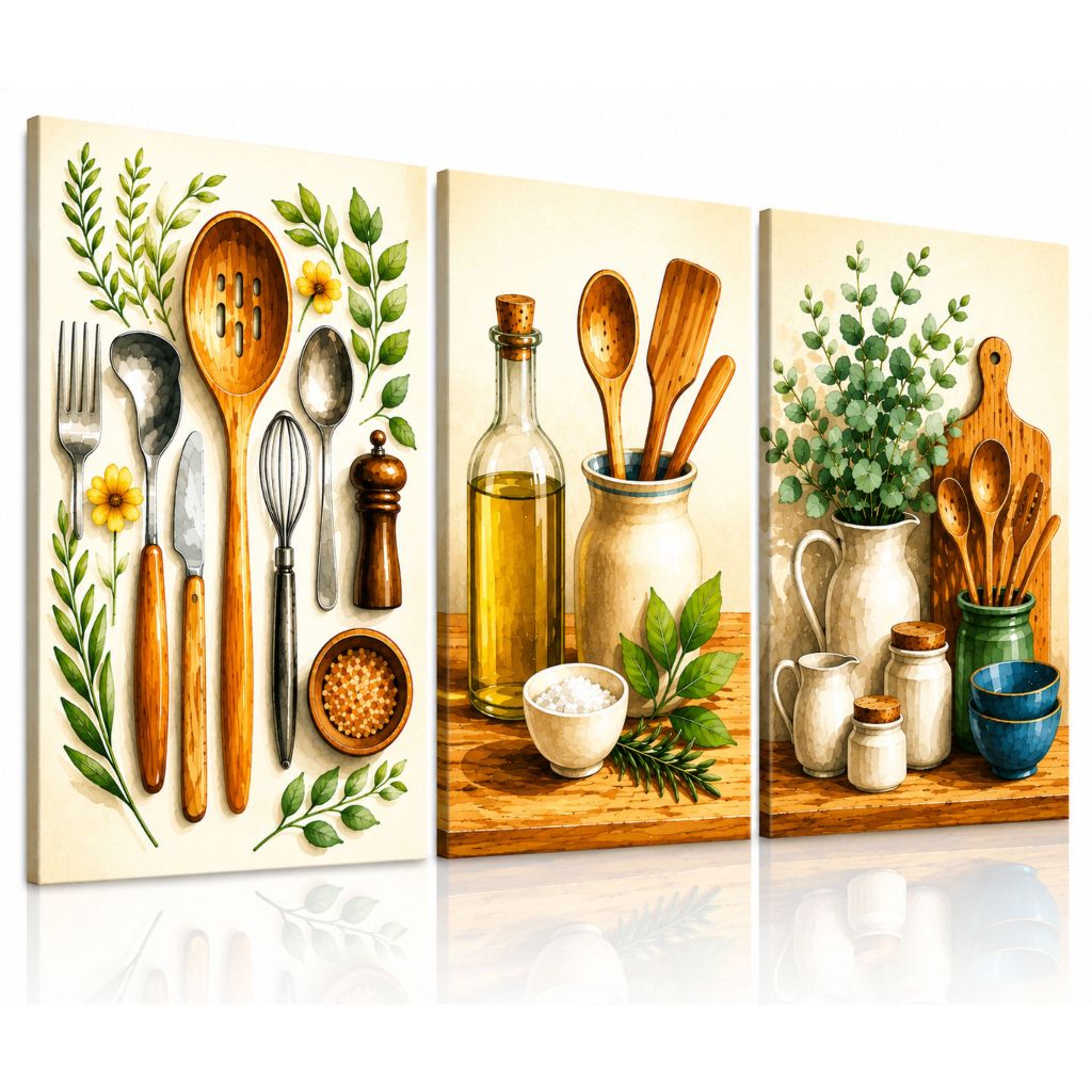 Kit De Quadros 3 Peças Decorativos Para Cozinha Restaurantes Utensílios Colheres Temperos (TALHERES)