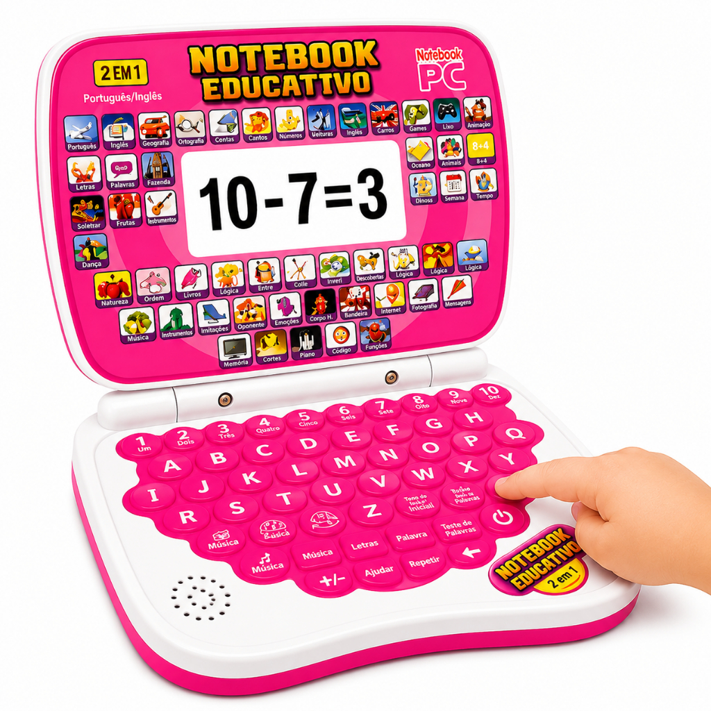 Brinquedo Notebook Infantil Rosa Menina Educativo Bilíngue Inglês Espanhol Musical Matemática