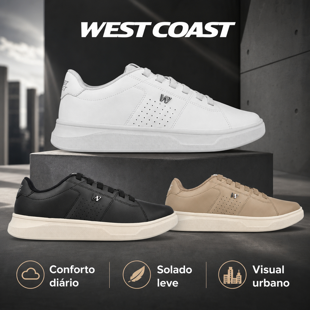 Tênis Masculino West Coast Denver Casual Lifestyle Urbano Solado Macio Leve Conforto Dia a Dia