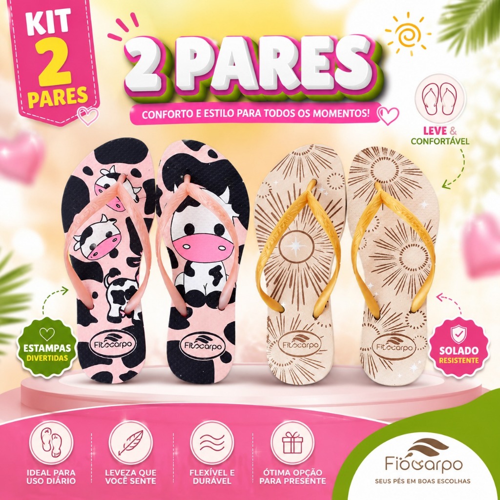 Kit 2 Pares Chinelo Feminino Estampado de Dedo Estiloso Confortável Casual Versátil