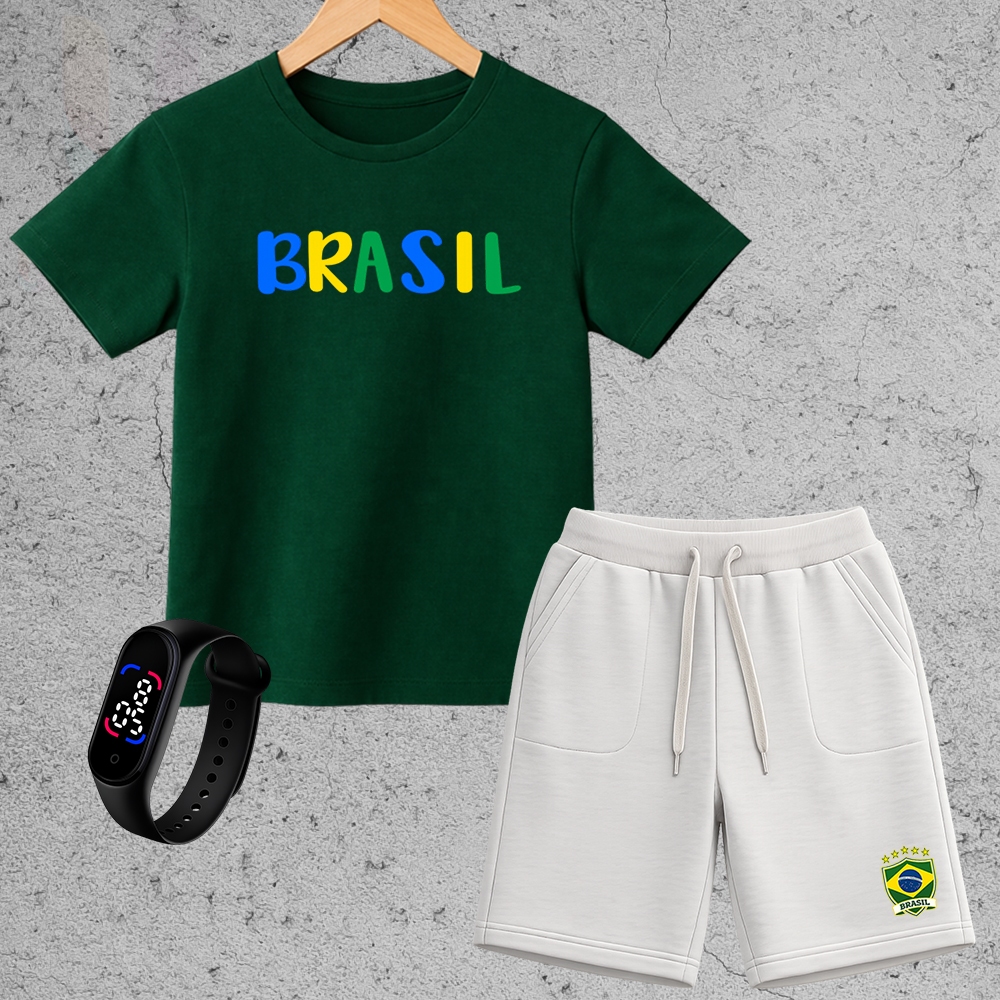 Kit Brasil Infantil Camisa do Brasil + Bermuda Infantil Masculina Roupa Copa Criança + br…