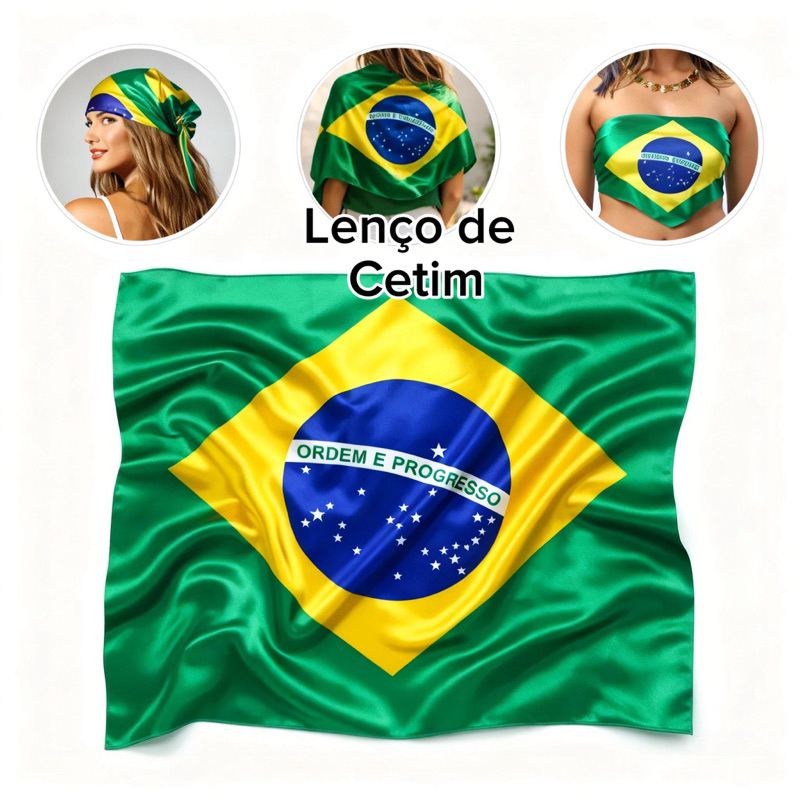 Lenço Cetim Bandana do Brasil 90x90cm Feminino Moda Copa Estiloso Verde e Amarelo