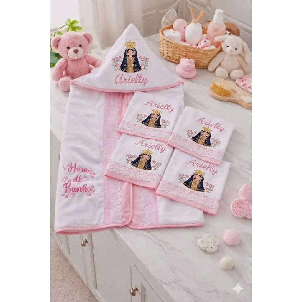 Kit Enxoval Bebê Nossa Senhora Aparecida Toalha Capuz Fralda Luxo Menina Kit Toalha Capuz + Toalha Fralda + Fraldinhas N