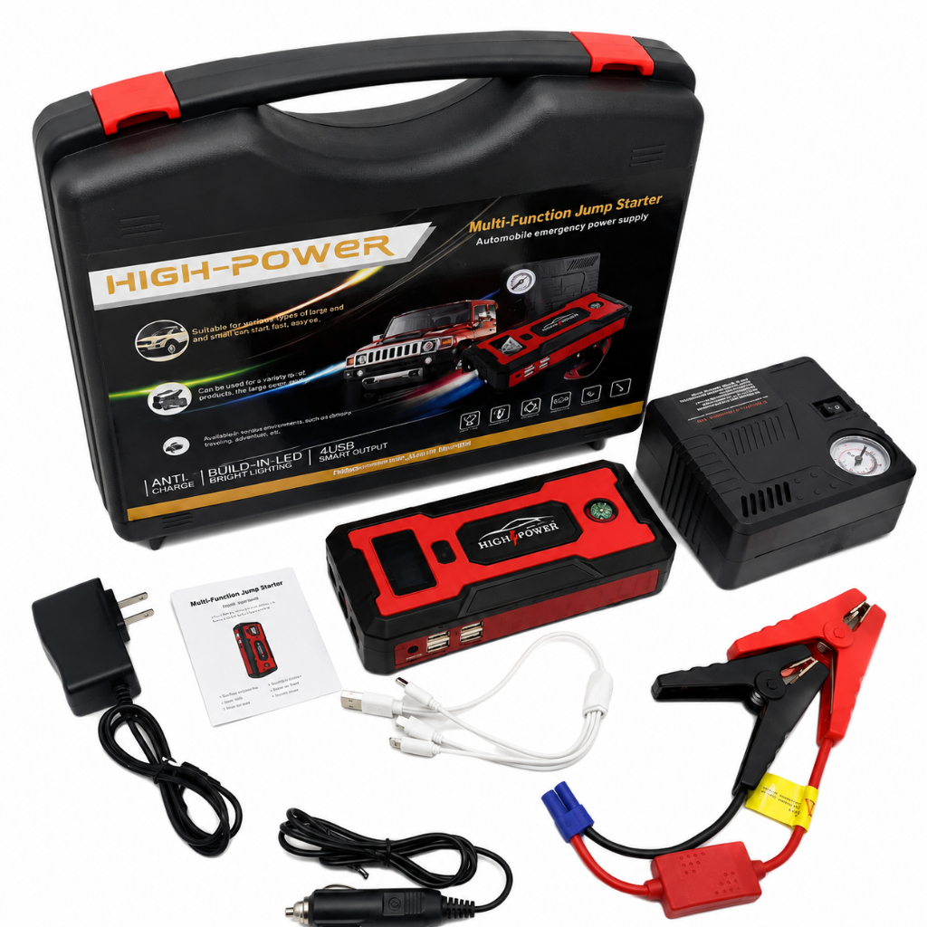 Kit Auxiliar de Partida e Compressor Bomba Pneu Powerbank Maleta