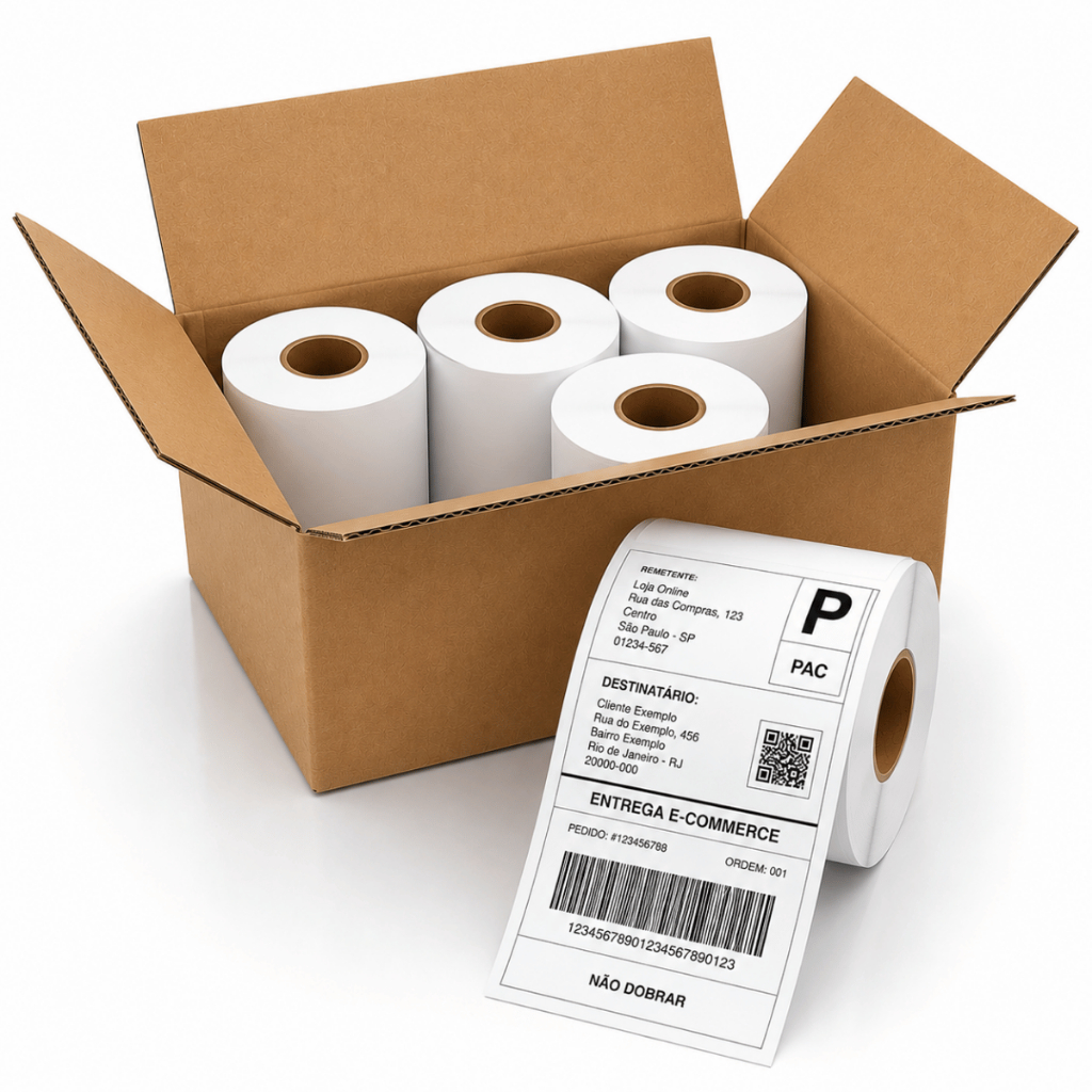 Kit com 5 Rolos Etiqueta 10x15 100x150 Termica Adesiva Serrilha Nao Usa Ribbon 200 Etiqueta Rolo