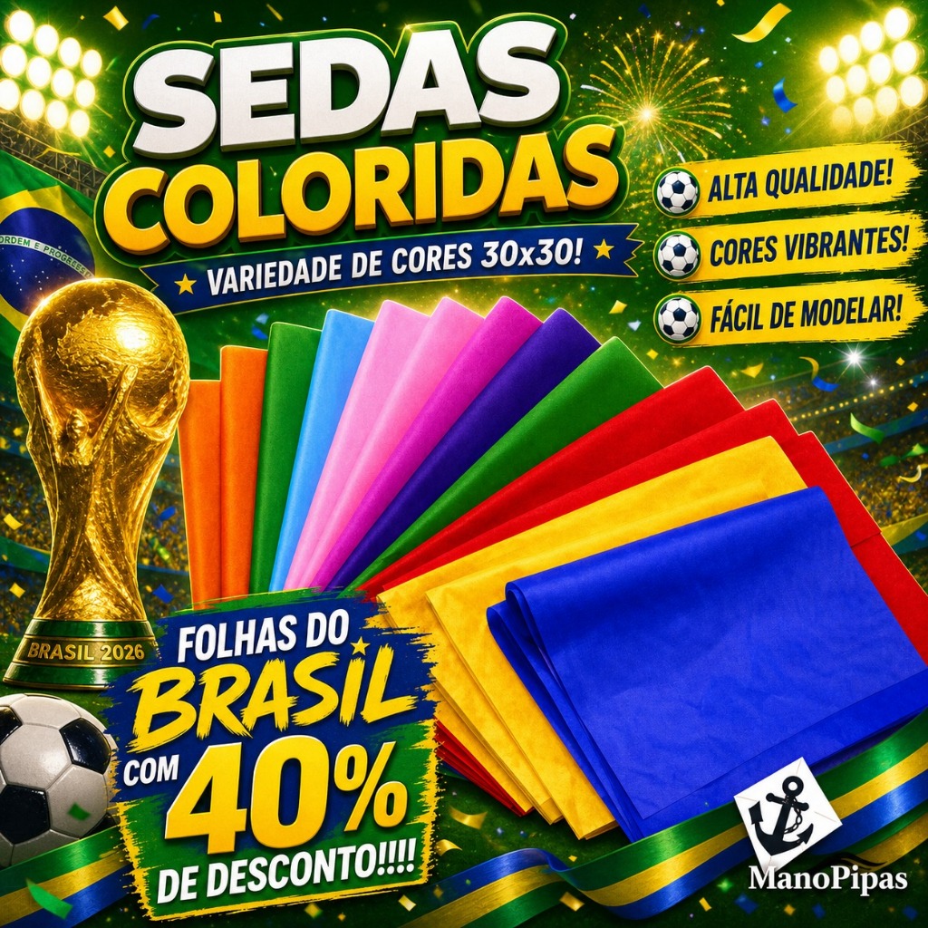 Folha Seda Brasil Copa Mundo 30x30 Branco e Cores c/100 Folhas Riacho Artesanatos  Embalagens