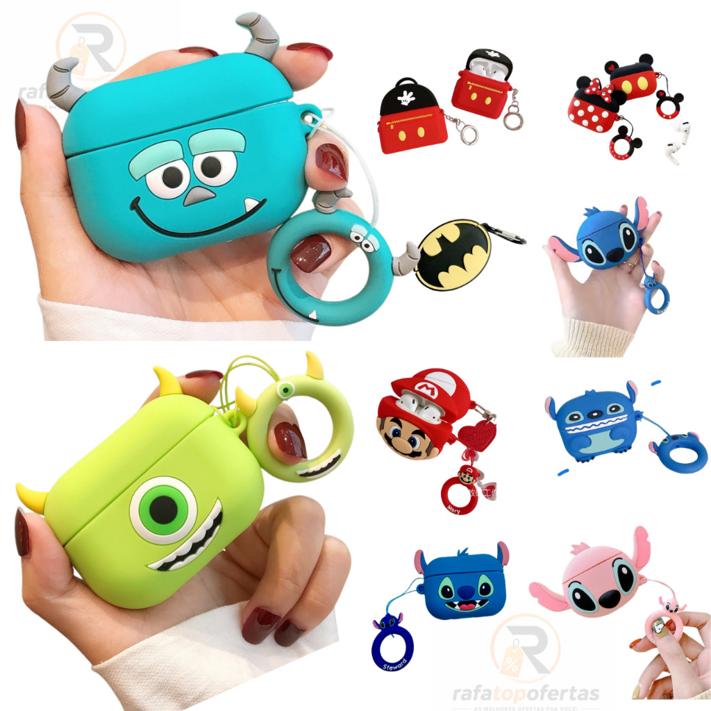 Capa Protetora AirPods Pro e AirPods Pro 2 Personagem 3D Silicone Case Desenho Animado