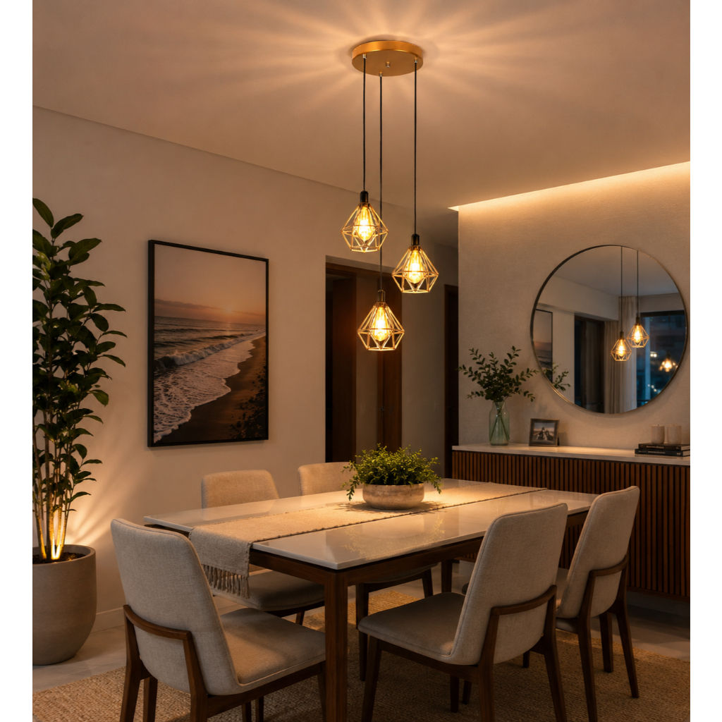 luminária pendente de teto E-led Triplo Aramado Diamante Lustre 110v/220v