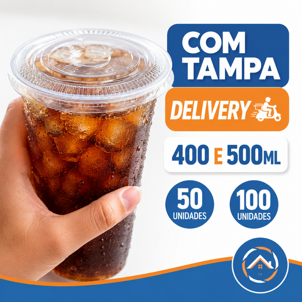 Copo PP Transparente com Tampa 400 e 500ml Para Delivery Suco Drink Bebida Gelada c/50 100un