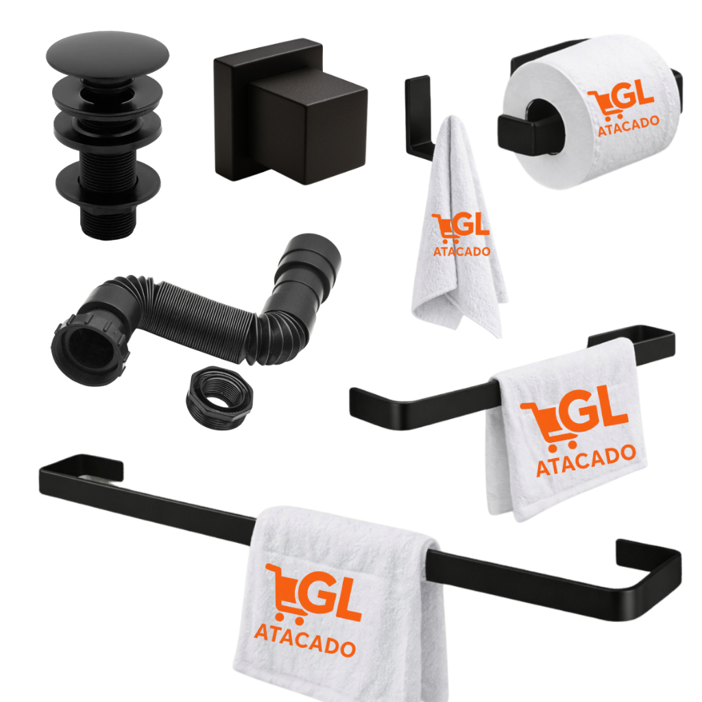 Kit Acessórios Banheiro Preto Fosco Luxo Completo + Válvula Click + Sifão Universal Flexível Premium