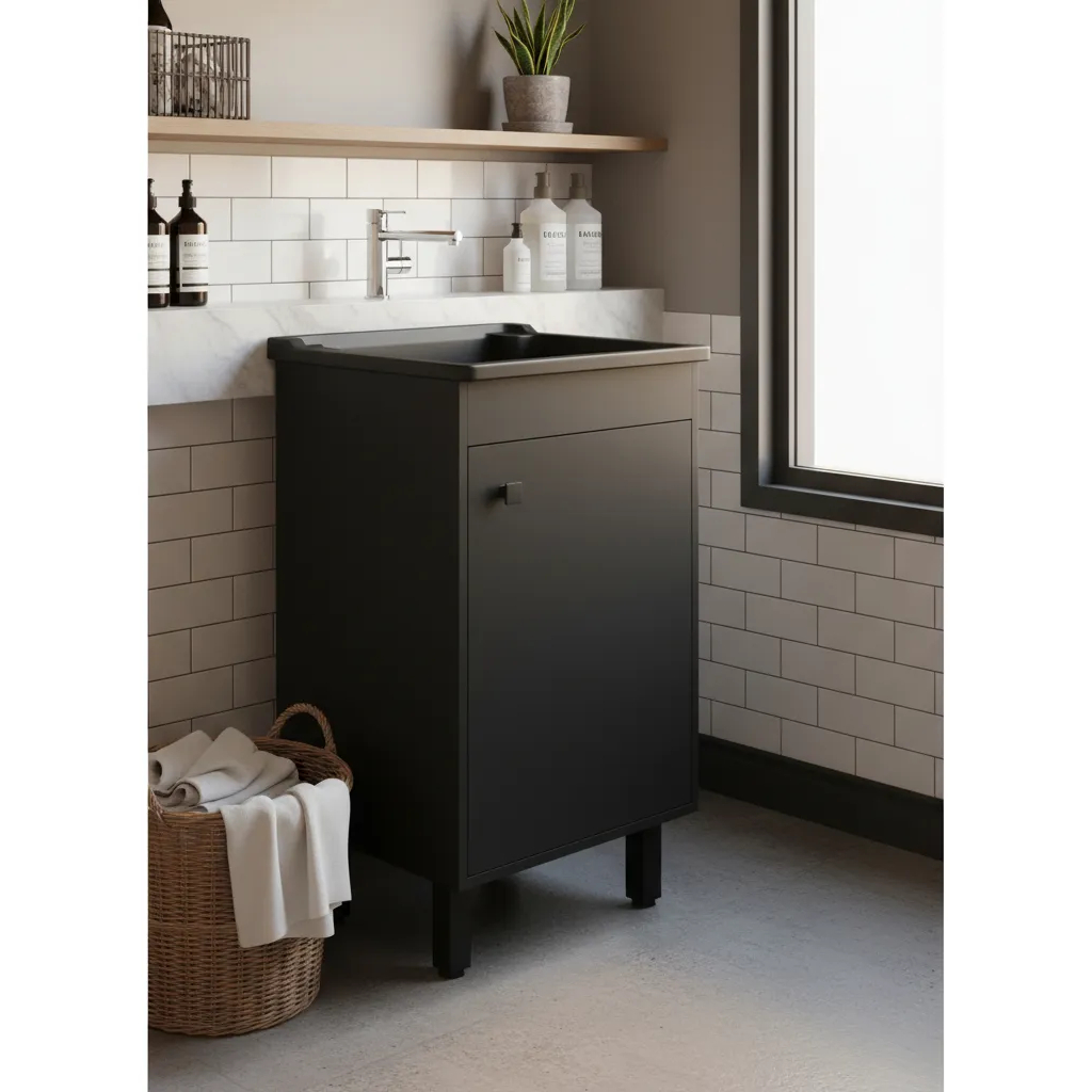 Tanque De Lavanderia Tanque Montado Tanque de Lavar Roupas 26L Com Gabinete Armario Preto Black 46cm