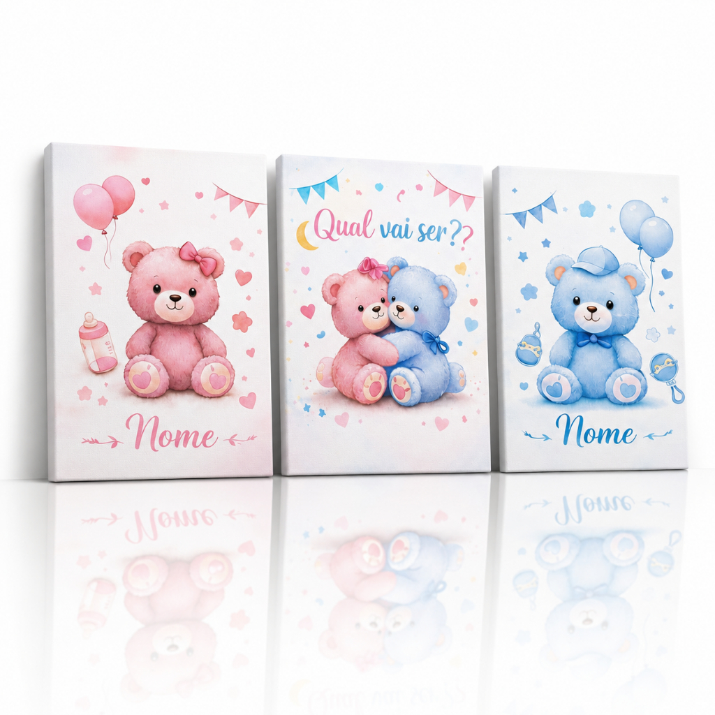 Quadro Decorativo Chá Revelação Menino ou Menina Ursinho Rosa Azul Festa Bebê 3pcs