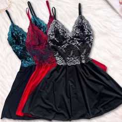Mit Lingerie Kit 3 Vestido De Dormir Camisola Sensual De Renda Sem Bojo