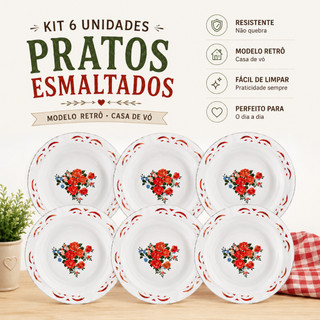 Jogo De Pratos Esmaltado Estampado Aluminio Fundo 22cm Prato Esmaltado Antigo Kit 6 Unidades