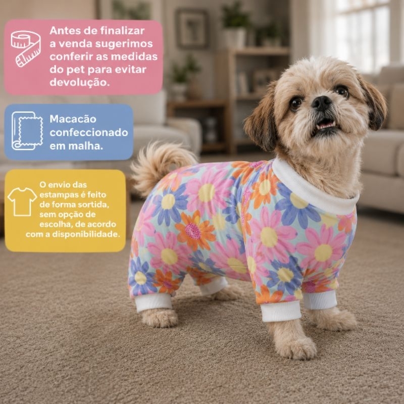 MACACÃO ROUPA PET FÊMEA - TECIDO LEVE - FRESQUINHO - CORES E ESTAMPAS SORTIDAS