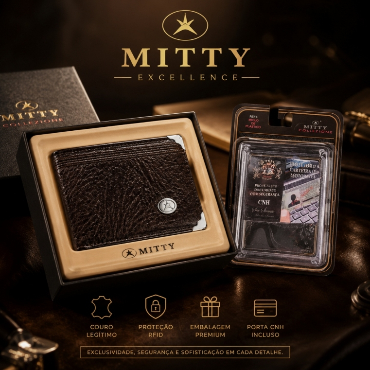 Kit Presente Mitty Collezione Carteira Media Couro Legítimo + Refil Plástico M1 PLM1 Original Namorado Pai Natal