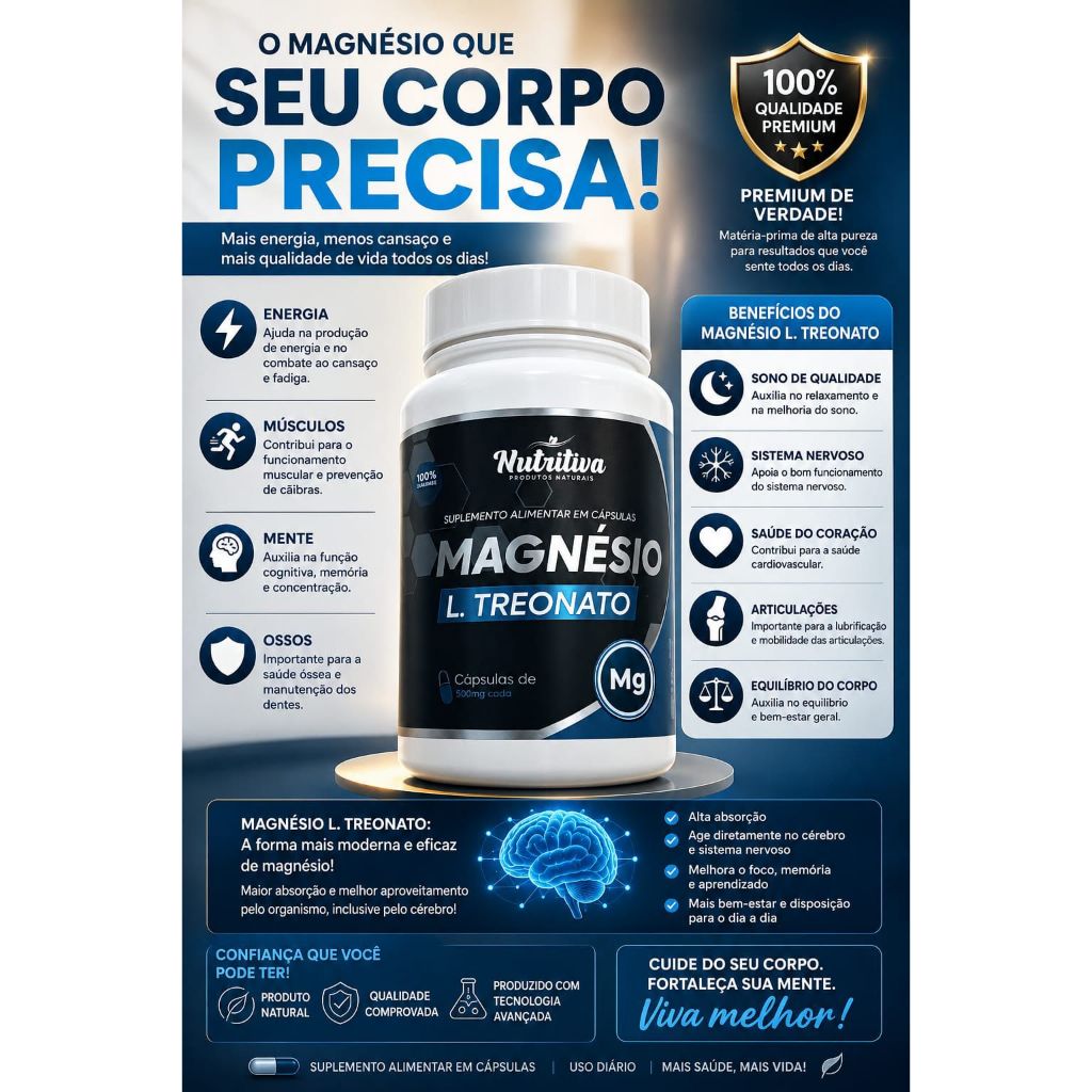 Suplemento alimentar Magnésio L.Treonato 500mg c/ 100 cps - Nutritiva