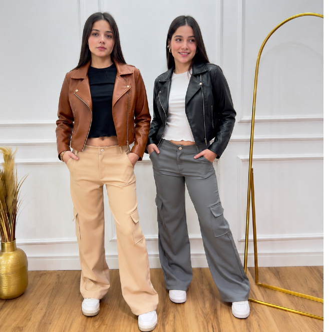 Conjunto Feminino Juvenil Jaqueta Estilo Couro com Zíper + Calça Cargo Moda 12 ao 16