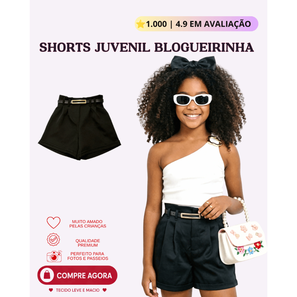 Short Alfaiataria Juvenil Elegante Menina | Look que Encanta Confortável Festa Verão 10 ao 16