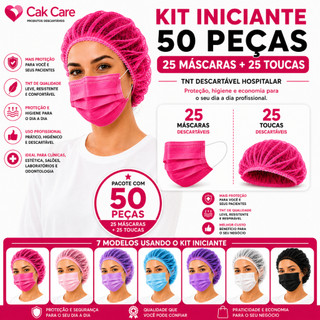 KIT INICIANTE 25 Máscaras + 25 Toucas Descartáveis p/ Proteção Facial Salão Clínica & Cozinha