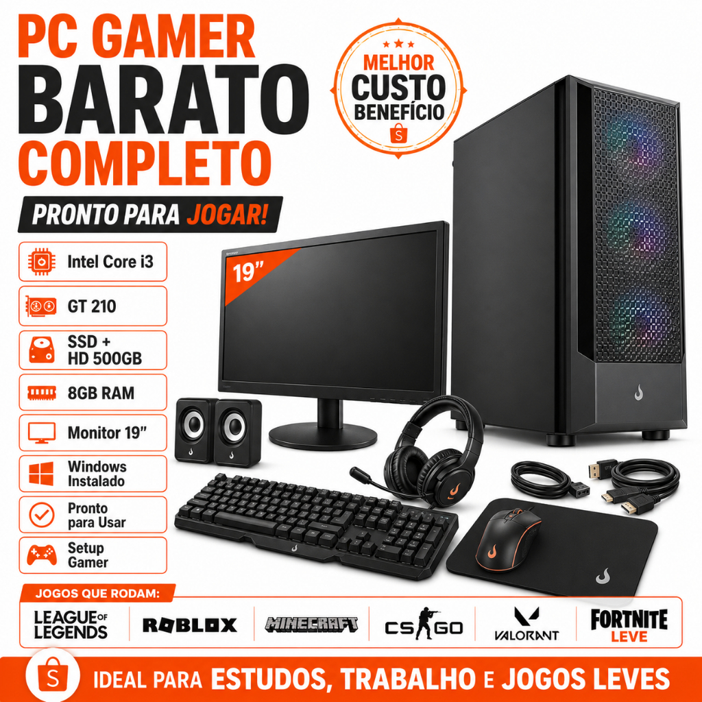 PC Gamer Barato Completo i3 GT 210 SSD+HD 500GB Setup Gamer Monitor 19 Windows