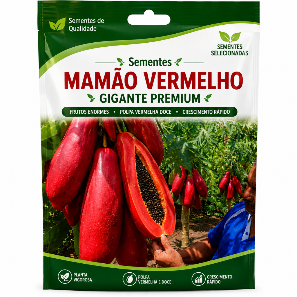 Sementes Mamão Vermelho Gigante Premium Frutos Enormes Polpa Vermelha doce Crescimento rapido