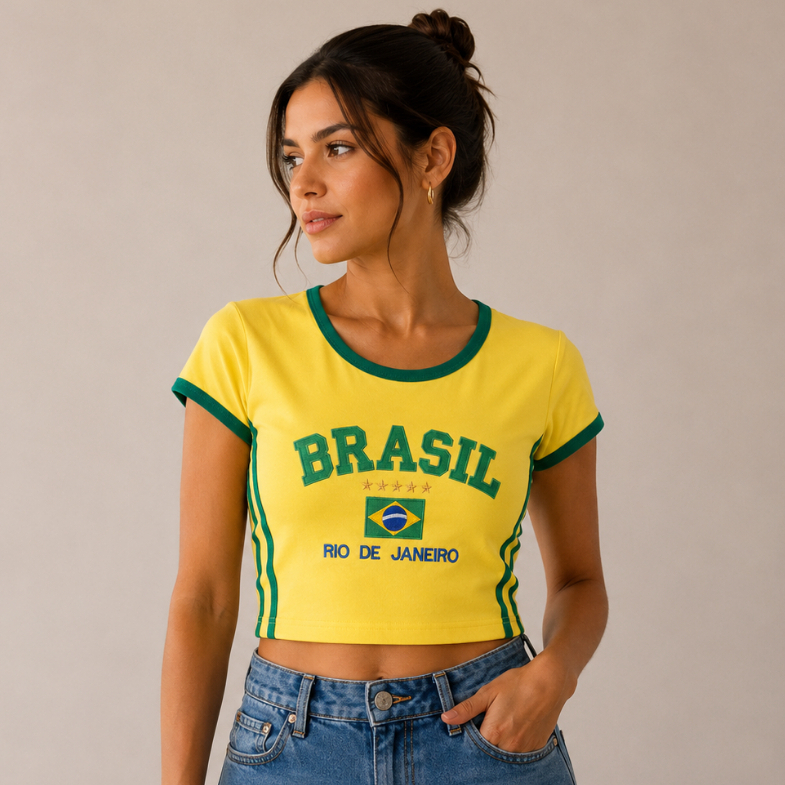 Camiseta Cropped Do Brasil Feminina Coolane BabyTee Bordada
