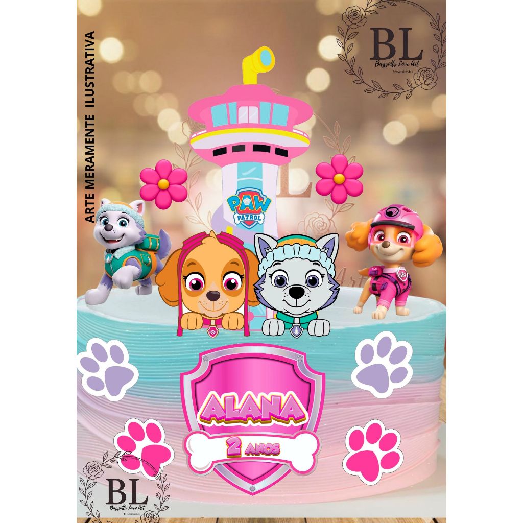 TOPO DE BOLO PATRULHA CANINA SKYE E EVEREST, MENINAS,  TOPO PATRULHA CANINA, TOPO DE BOLO PERSONALIZADO