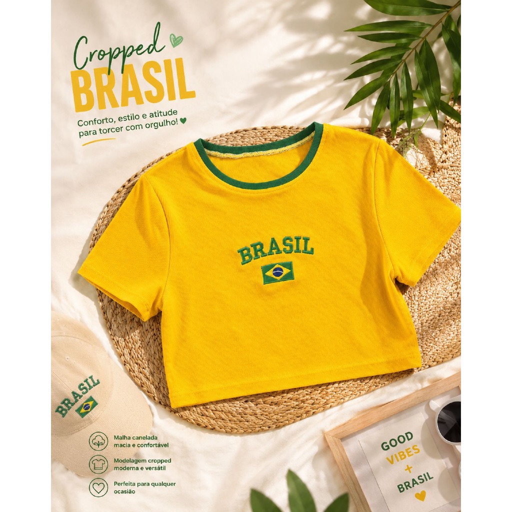 Cropped Brasil Manga Curta Canelada Bordada Croped Feminino Copa Torcida Amarelo Verde Azul Branco - Copa 2026