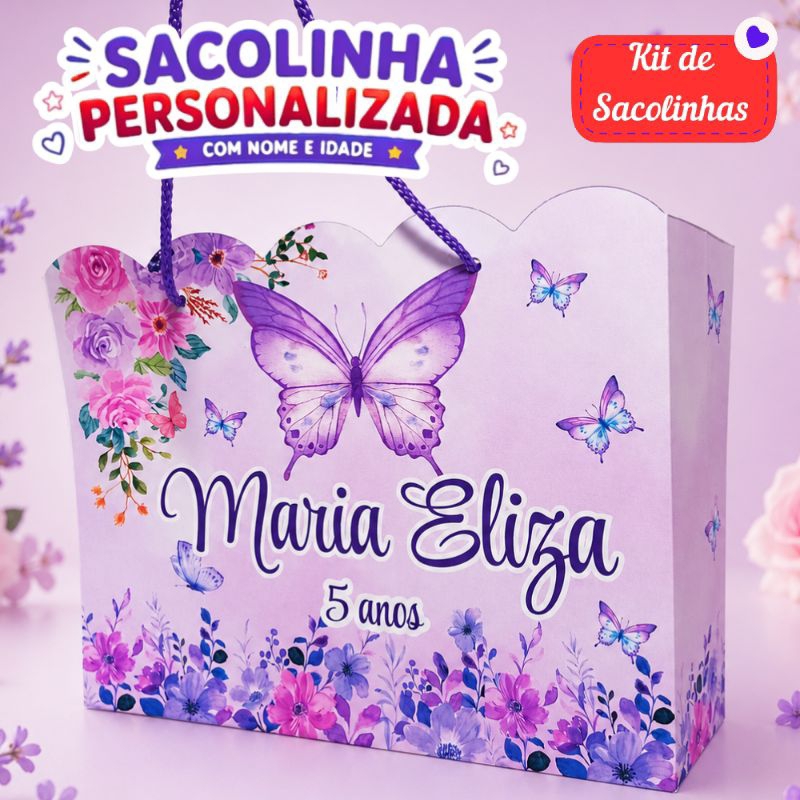 Sacolinha Personalizada Borboletas Lilás com Nome e Idade | Lembrancinha Festa Infantil Menina 🎀🦋