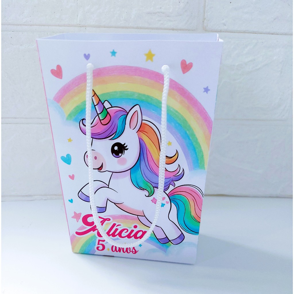Sacolinha Personalizada Unicórnio Aniversário Infantil Mimos e Lembrancinhas para Festa Tamanho P PEGUE E MONT