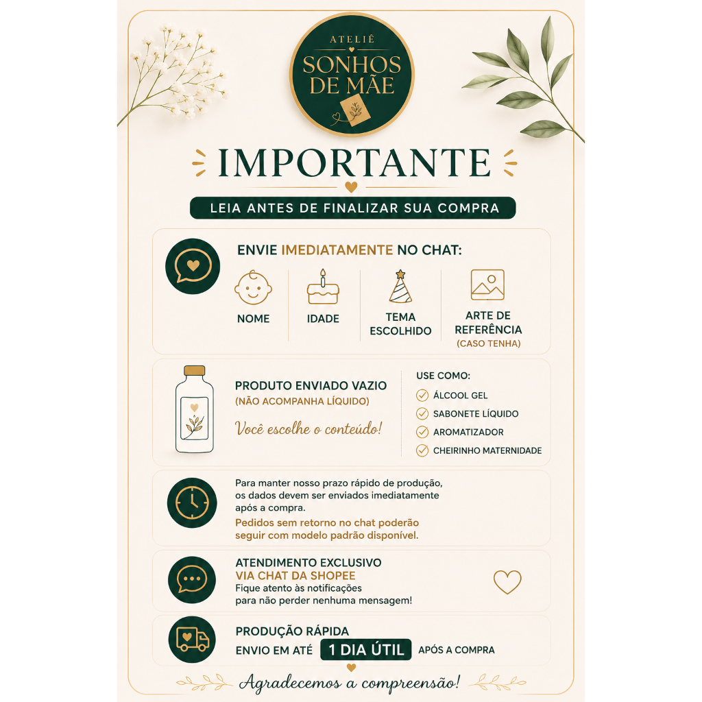 Detalhes do Frasco 60ml Personalizado com Nome para Chá de Bebê e Maternidade