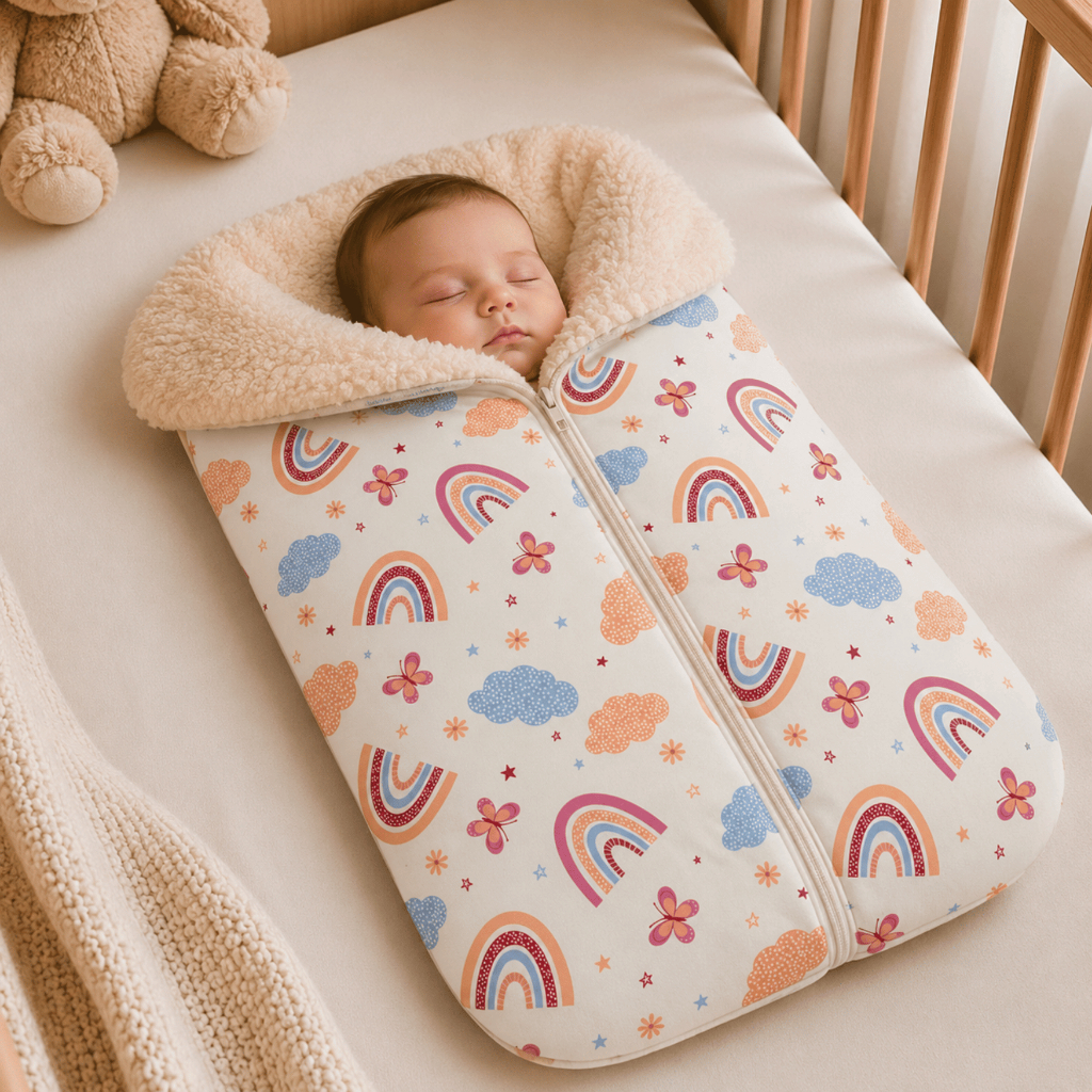 Saco de Dormir para Bebê Casulo Quentinho Grande com Sherpa Algodão Frio com Zíper Estampado Pupa