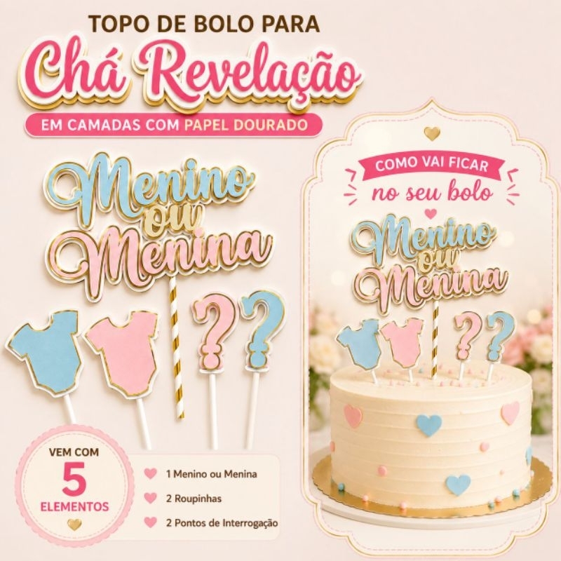 Envio em 24h - Kit Topo de Bolo Chá Revelação / Decoração de Bolo Chá Revelação / Topper Chá Revelação Personalizado