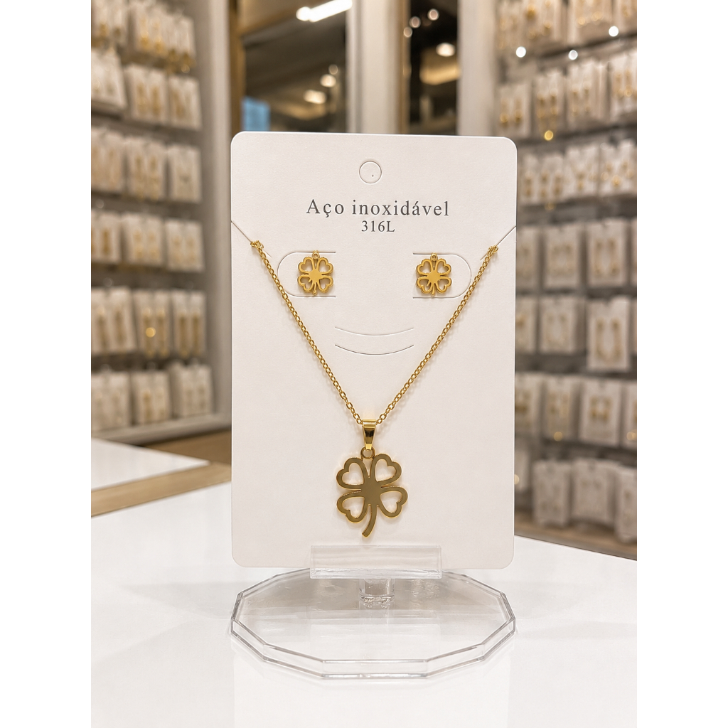 Conjunto Trevo Vazado Aço Inoxidável 316L Feminino Colar + Brinco Delicado Antialérgico