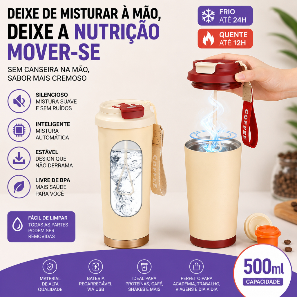 Copo Misturador Automatico Inox 316 500ml Portatil Recarregavel para Whey Protein Shake Academia