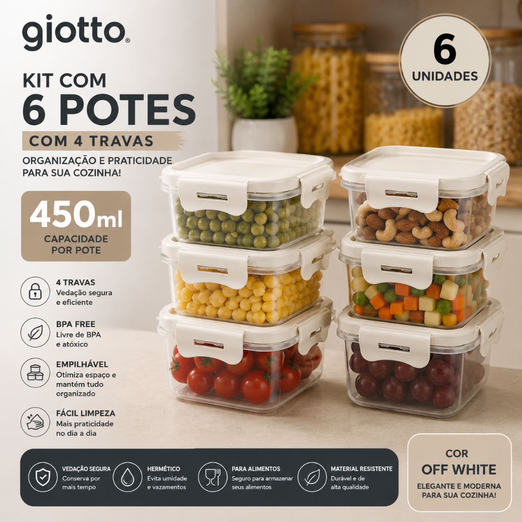 Kit 6 Potes Quadrados com 4 Travas 450ml Off White Hermético Organizador Cozinha Giotto